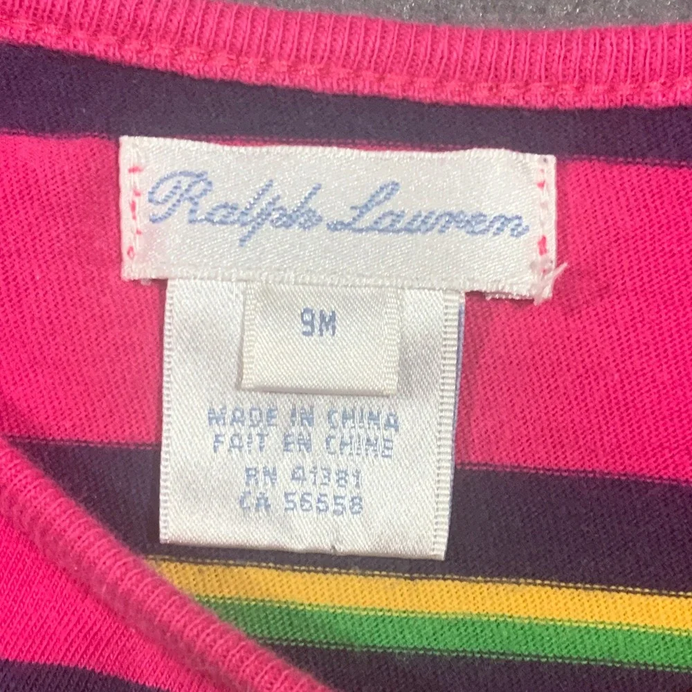 Ralph Lauren Baby Girls Pink Green Striped Peplum Bow Long Sleeve Shirt 9 Months